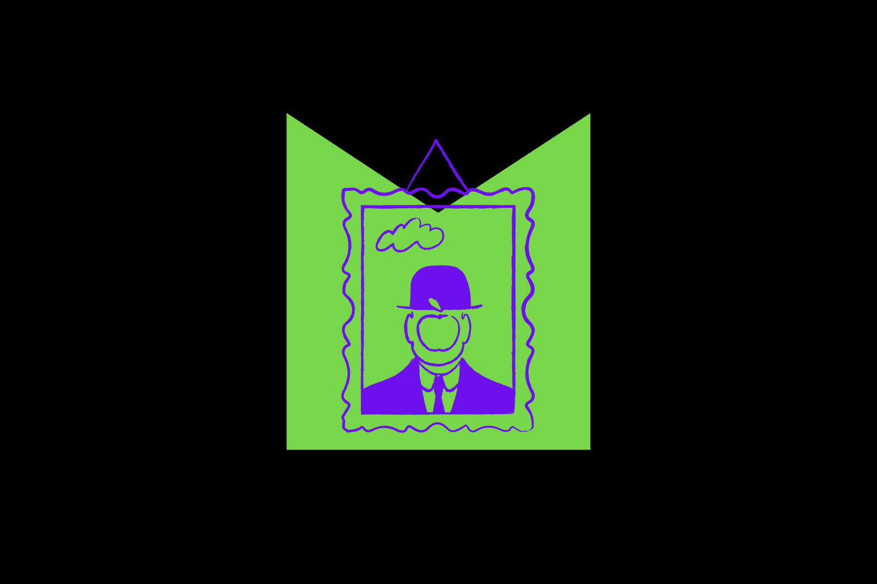 A purple illustration of the painting The Son of Man, within a green shape on a black background.