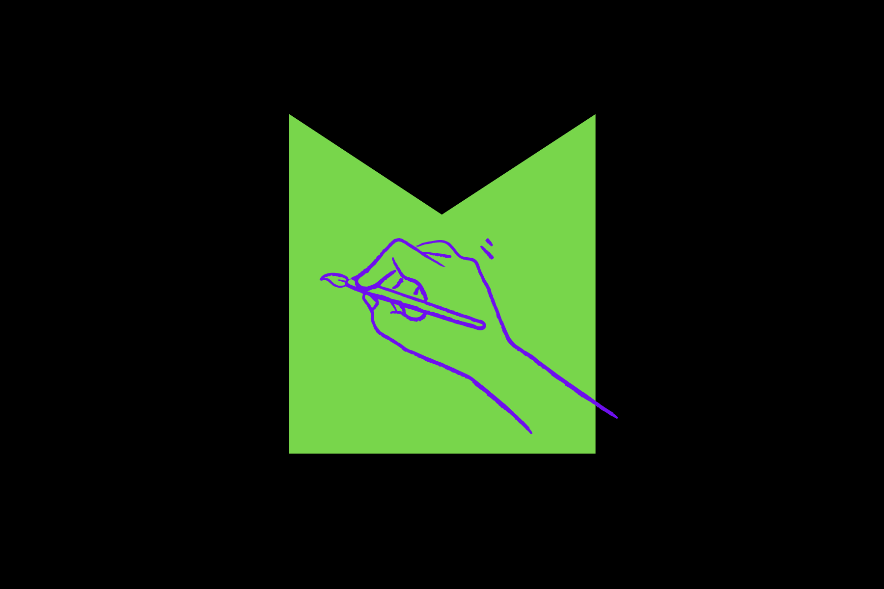 An illustrated hand drawing in purple, within a green shape and black background.