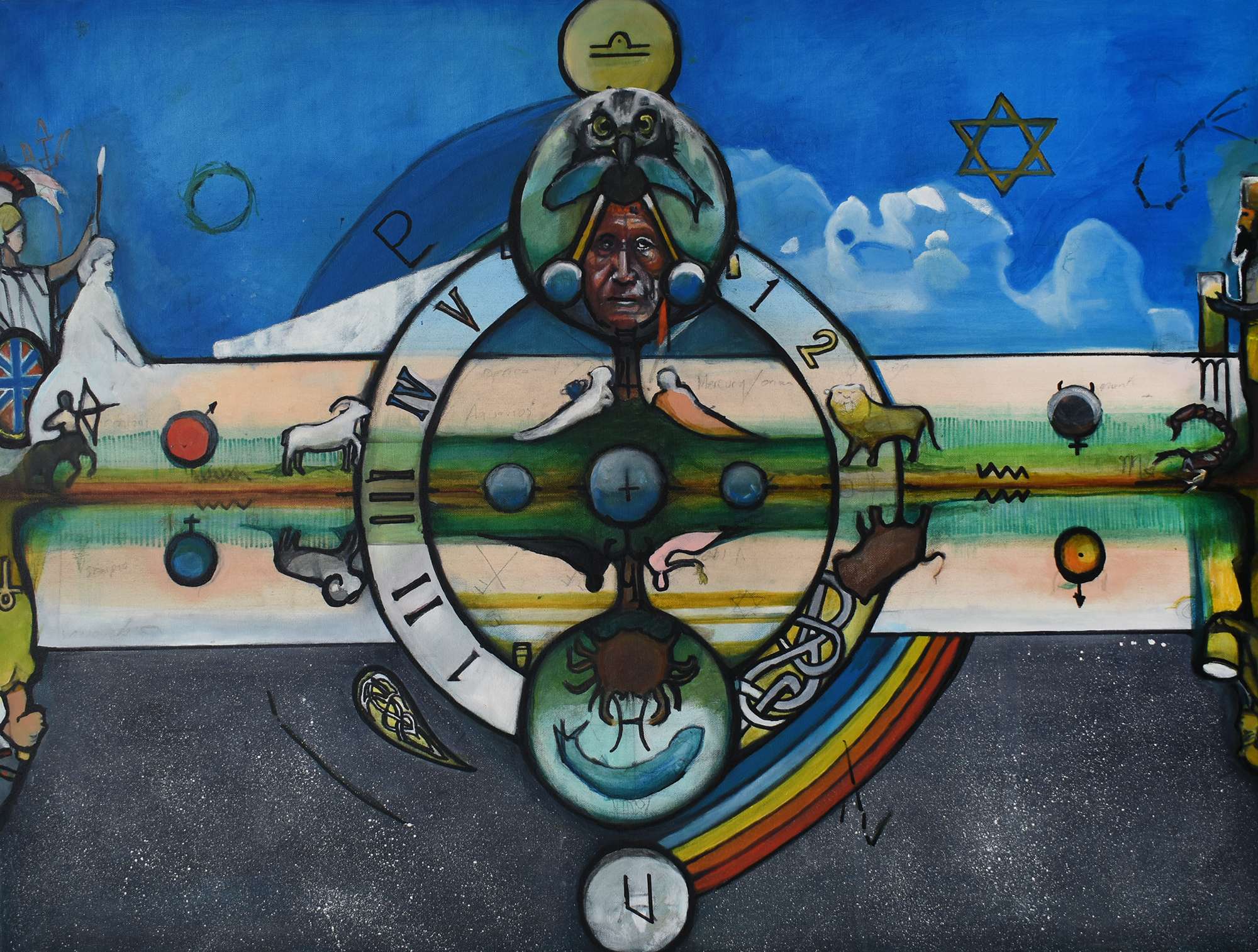 Abstract oil panting featuring various symbols, including a rainbow, a clock face, and the Star of David.