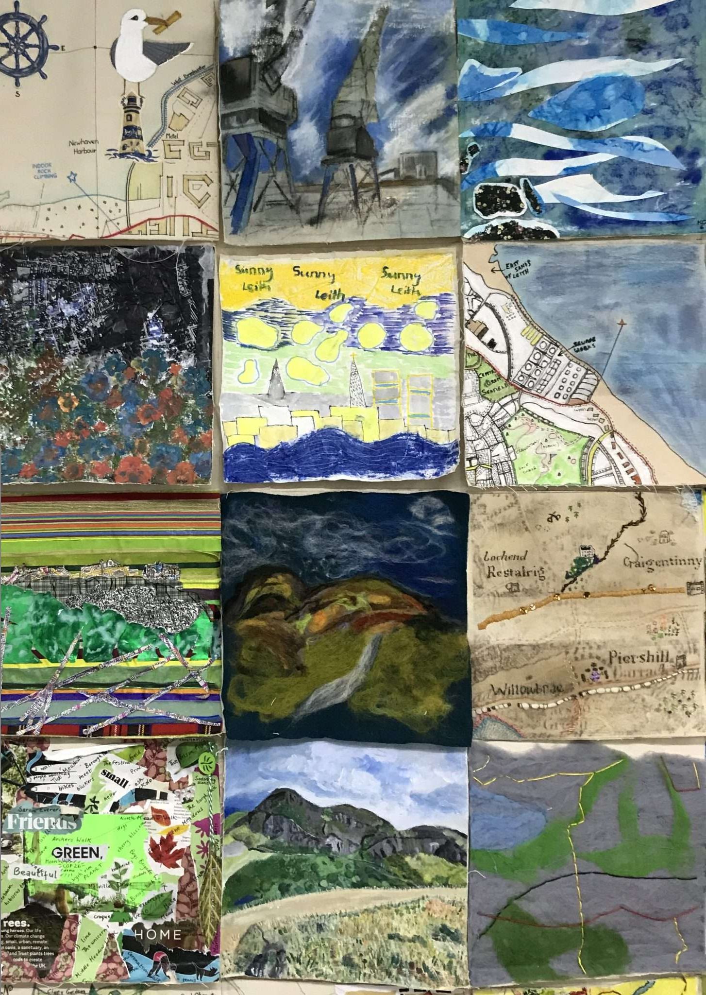 Image of multiple artworks, made up of mixed media collages with imagery of birds, landscapes and city scapes.