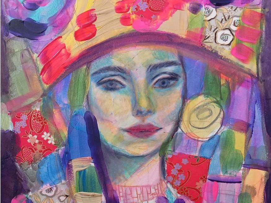 Abstract mixed media artwork of a woman in a hat.