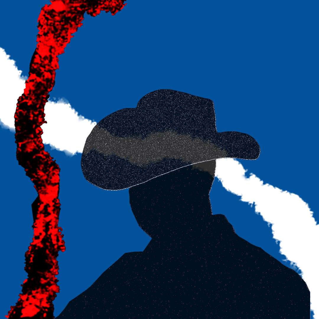 The image shows a dark silhouette of a person wearing a wide-brimmed cowboy hat. The figure is centered and seen from the shoulders up, with no visible facial features, making the person look mysterious and anonymous. The background is a deep blue, crossed by a thick, diagonal white band that cuts behind the figure from one side to the other. On the left edge, there is a vertical, jagged red-and-black strip that looks rough and fiery, adding strong contrast to the otherwise simple colour scheme.
