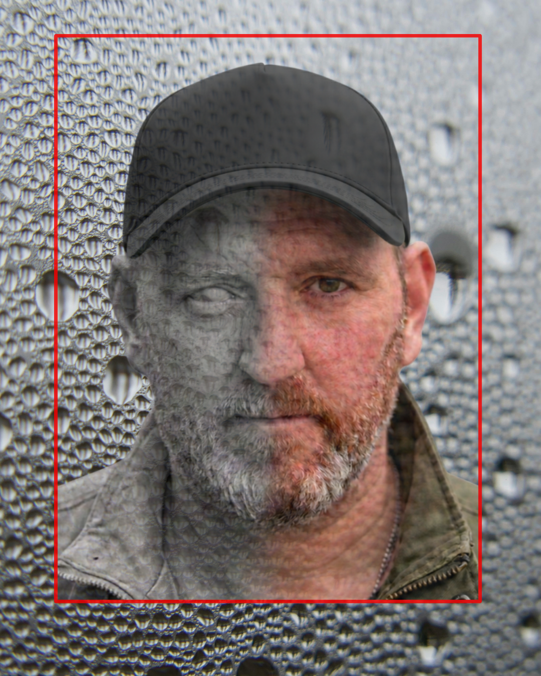 Textured photograph of a man with one side of his face turning into a grey material
